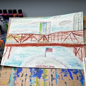 Chicago River Bridge Art Painting with Red and Blue Accents